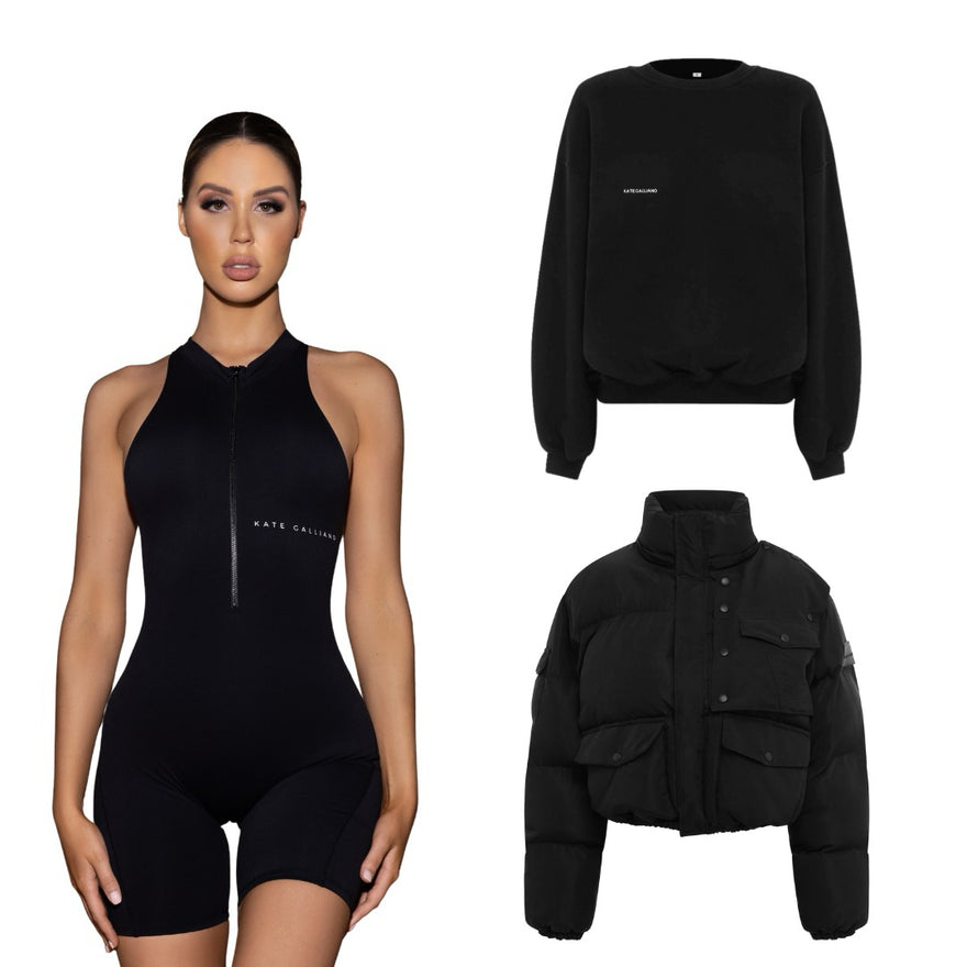 Different Ways To Flaunt Kate Galliano’s Activewear Products - black romper - black jumper - black puffer jacket