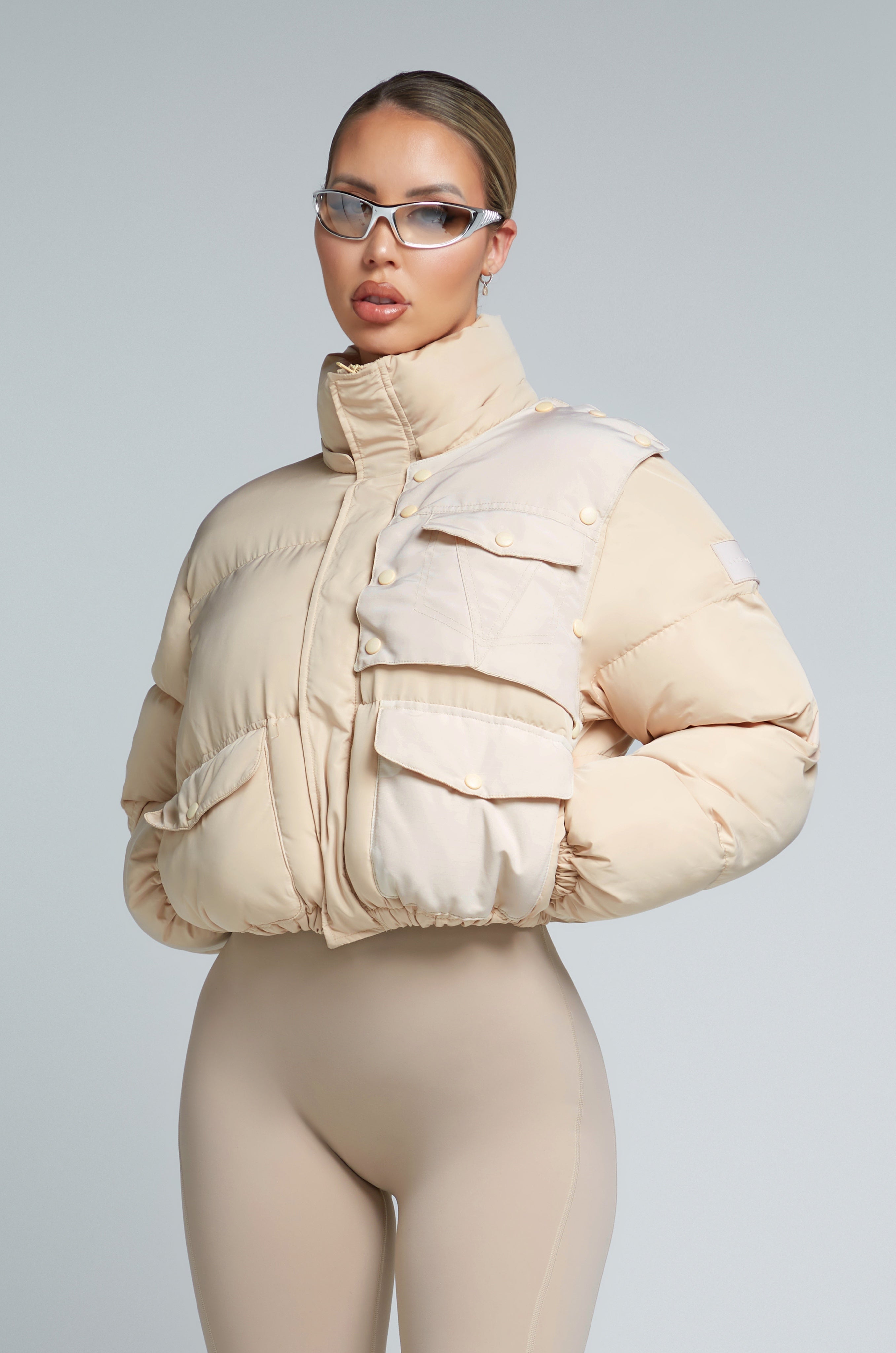 KG Cropped Puffer Jacket - Latte Cream  | Kate Galliano activewear 