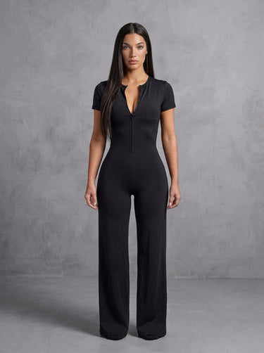 Wide Leg Jumpsuit - black | Short Sleeve One Pieces Activewear 