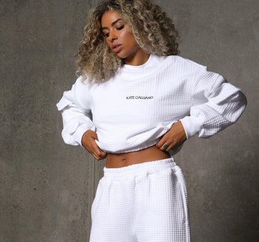 White Quilted Hoodie - Cropped Hoodies  - white cropped hoodie - workout hoodie - white long sleeve hoodie - Kate Galliano Activewear